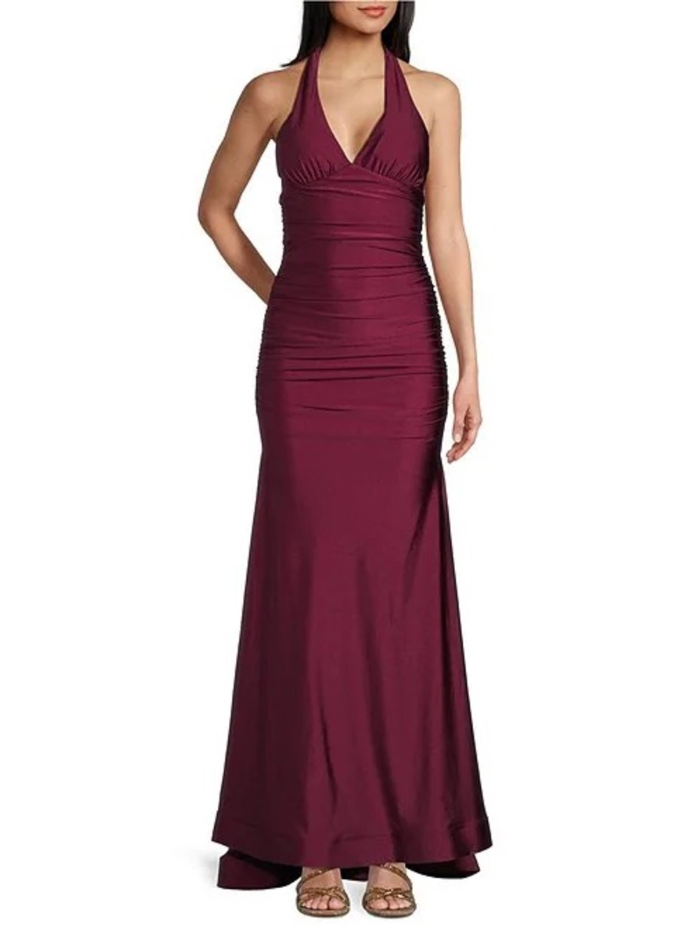 Honey and Rosie One-Shoulder Ruched Evening Gown - Burgundy